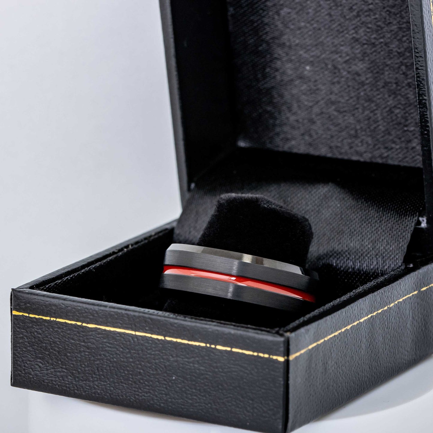 Jewelry Avalanche Black Brushed Sides Red IP Grooved Center Beveled Tungsten Carbide Wedding Band, Comfort-fit, 8mm
