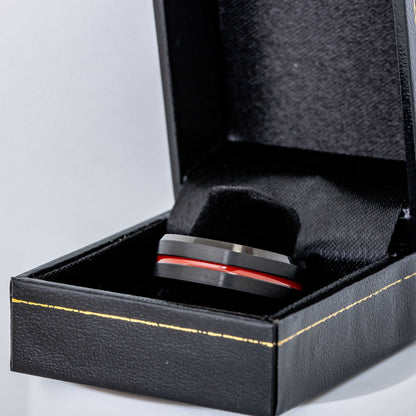 Jewelry Avalanche Black Brushed Sides Red IP Grooved Center Beveled Tungsten Carbide Wedding Band, Comfort-fit, 8mm