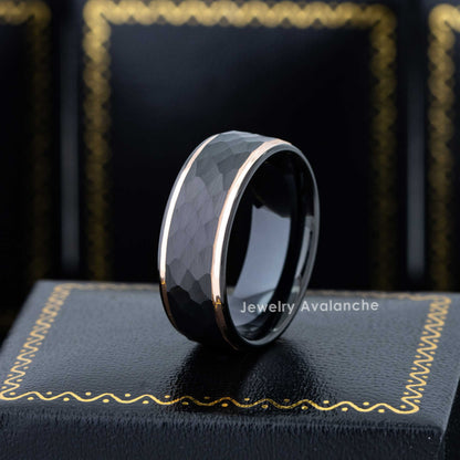 Jewelry Avalanche Black Hammered Center Rose Gold IP Stepped Tungsten Carbide Wedding Band, Comfort-fit, 8mm