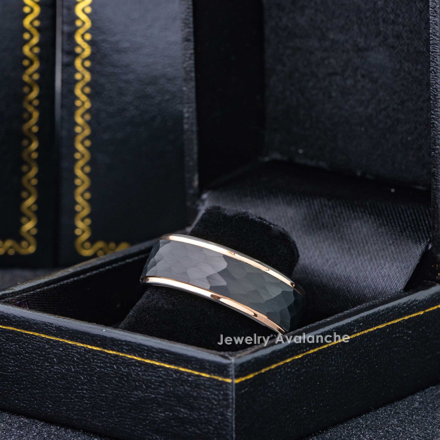 Jewelry Avalanche Black Hammered Center Rose Gold IP Stepped Tungsten Carbide Wedding Band, Comfort-fit, 8mm