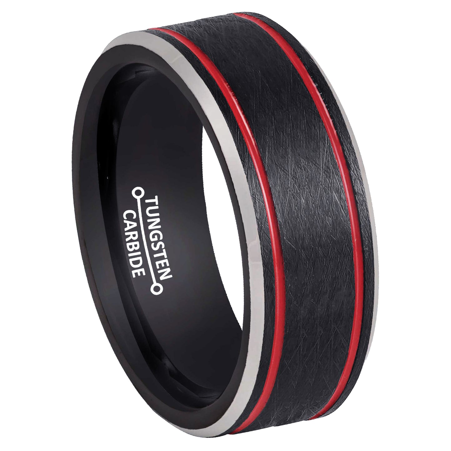 Jewelry Avalanche Firefighter Tungsten Wedding Band for Men, 8mm Black Ring with Red Enamel Stripes, Knurled Textured