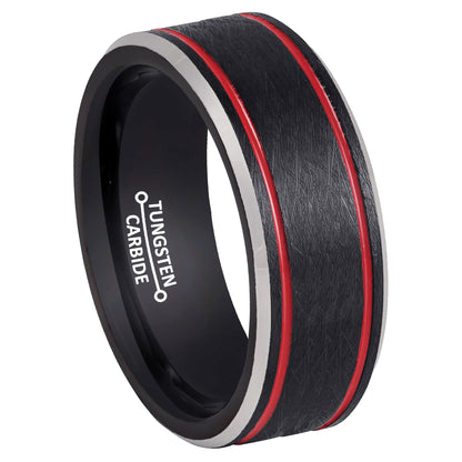 Jewelry Avalanche Firefighter Tungsten Wedding Band for Men, 8mm Black Ring with Red Enamel Stripes, Knurled Textured