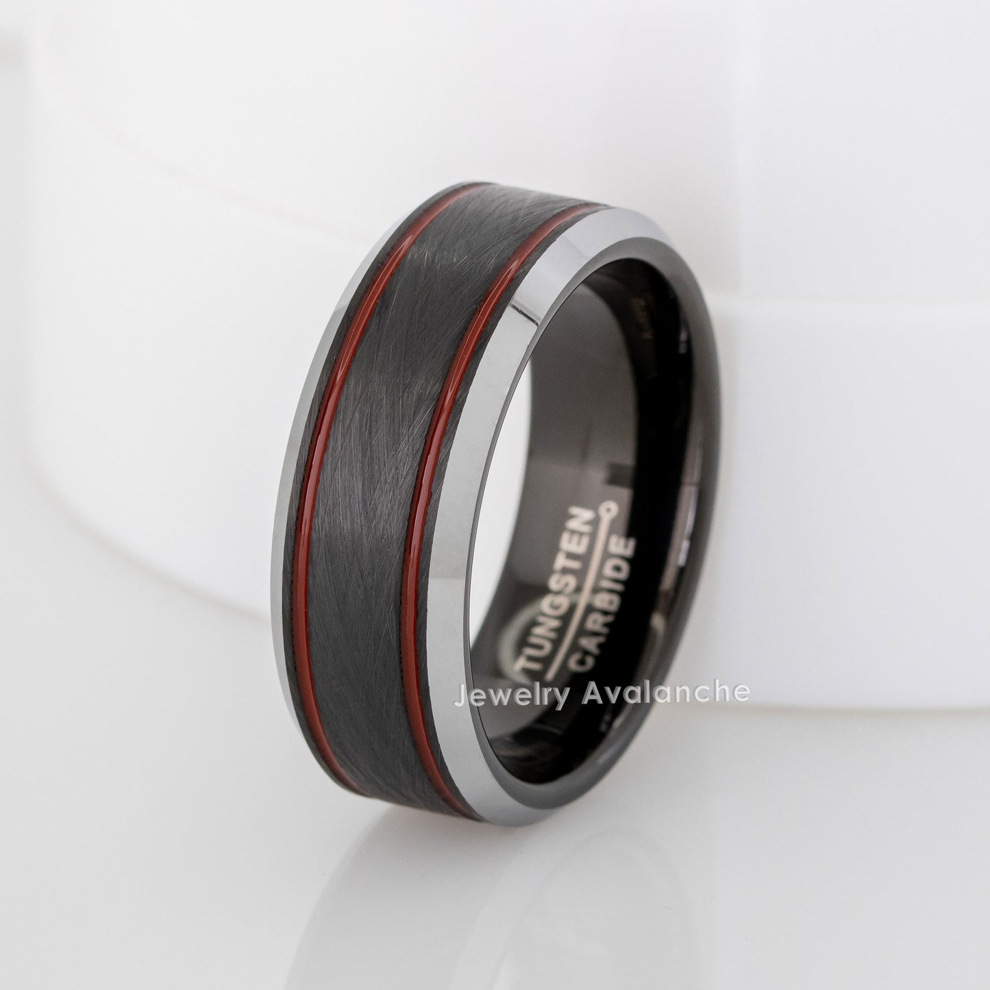 Jewelry Avalanche Firefighter Tungsten Wedding Band for Men, 8mm Black Ring with Red Enamel Stripes, Knurled Textured