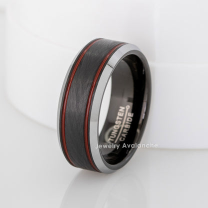 Jewelry Avalanche Firefighter Tungsten Wedding Band for Men, 8mm Black Ring with Red Enamel Stripes, Knurled Textured