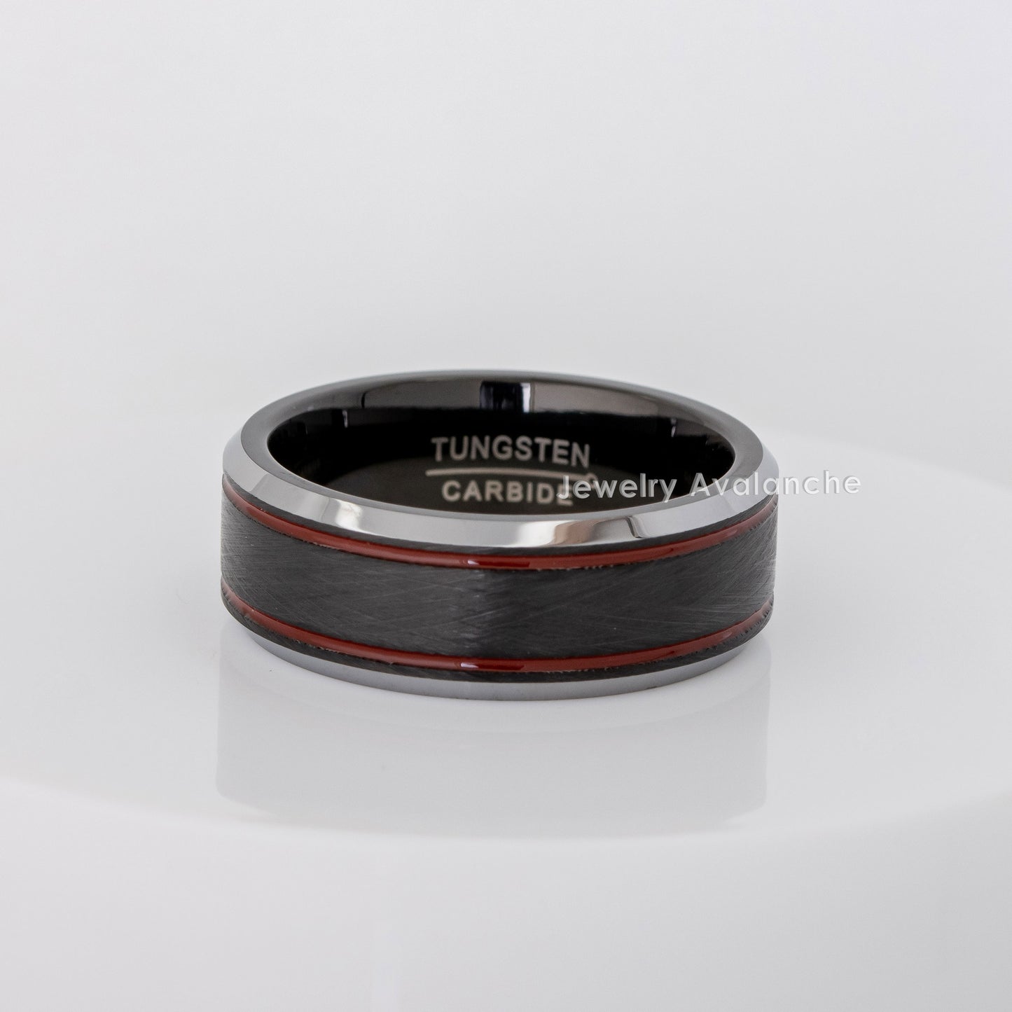Jewelry Avalanche Firefighter Tungsten Wedding Band for Men, 8mm Black Ring with Red Enamel Stripes, Knurled Textured