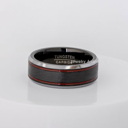 Jewelry Avalanche Firefighter Tungsten Wedding Band for Men, 8mm Black Ring with Red Enamel Stripes, Knurled Textured