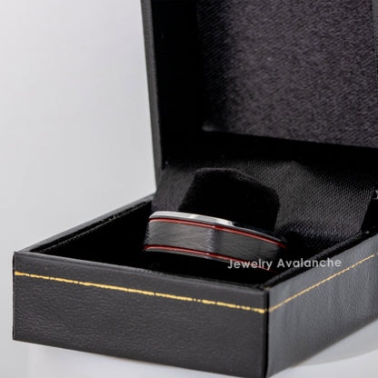 Jewelry Avalanche Firefighter Tungsten Wedding Band for Men, 8mm Black Ring with Red Enamel Stripes, Knurled Textured