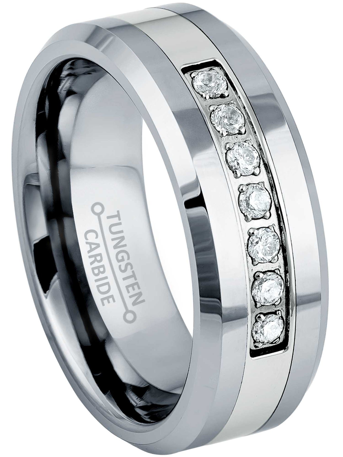 Jewelry Avalanche Mens Tungsten Carbide Wedding Band, 7-stone CZ, Comfort-fit, Beveled Edge