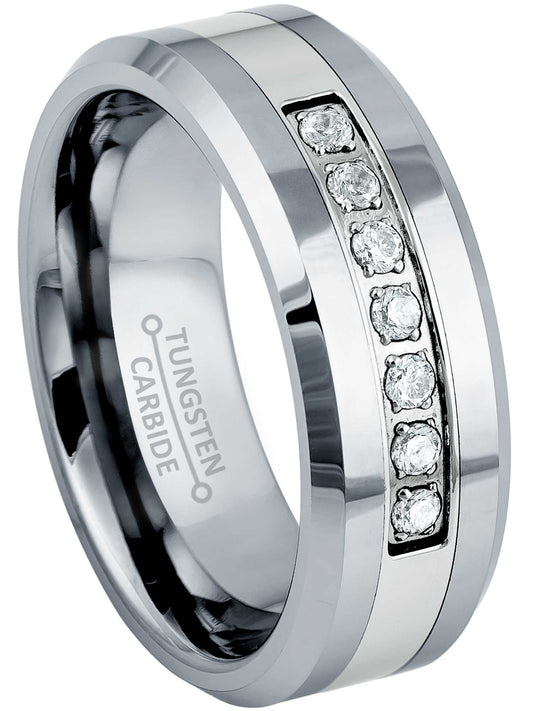 Jewelry Avalanche Mens Tungsten Carbide Wedding Band, 7-stone CZ, Comfort-fit, Beveled Edge