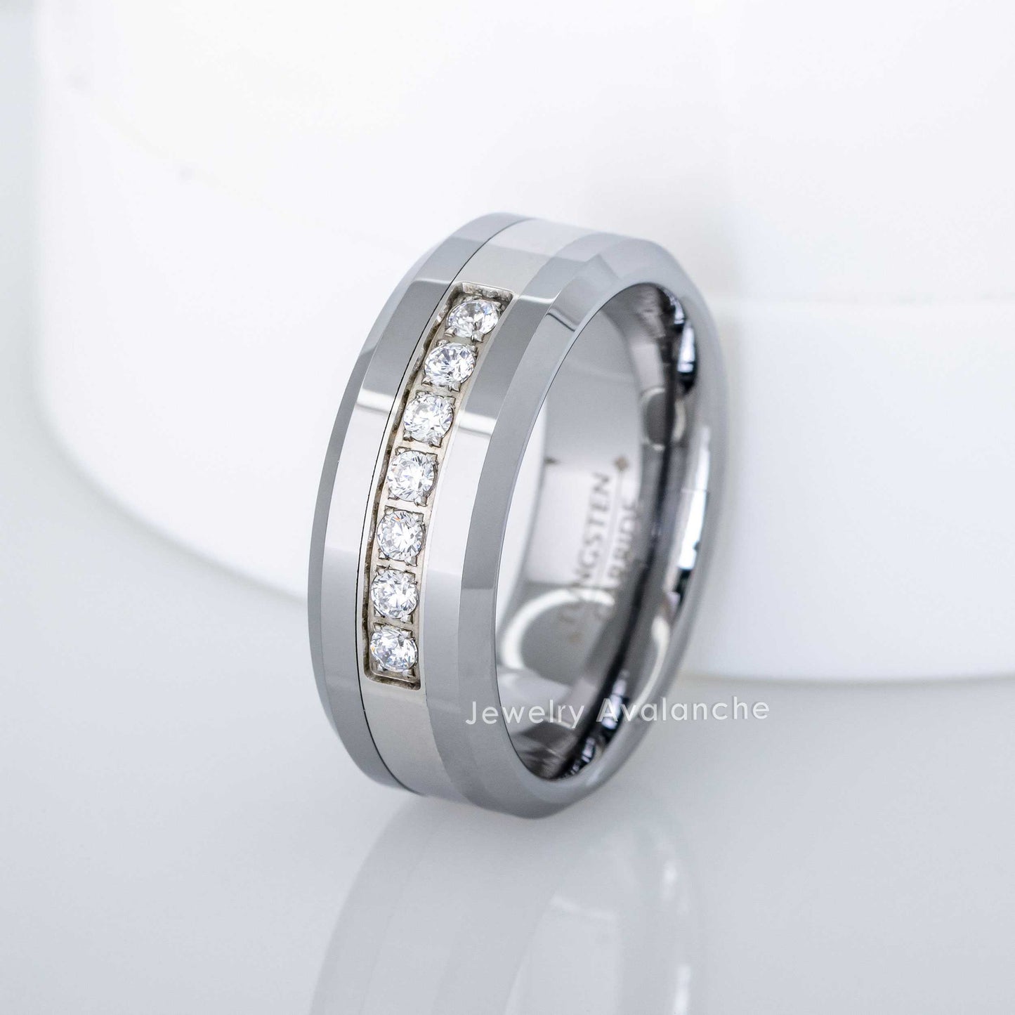 Jewelry Avalanche Mens Tungsten Carbide Wedding Band, 7-stone CZ, Comfort-fit, Beveled Edge