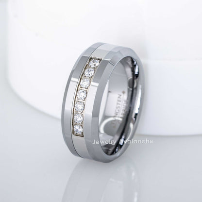 Jewelry Avalanche Mens Tungsten Carbide Wedding Band, 7-stone CZ, Comfort-fit, Beveled Edge