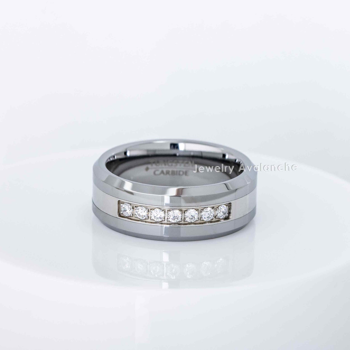 Jewelry Avalanche Mens Tungsten Carbide Wedding Band, 7-stone CZ, Comfort-fit, Beveled Edge