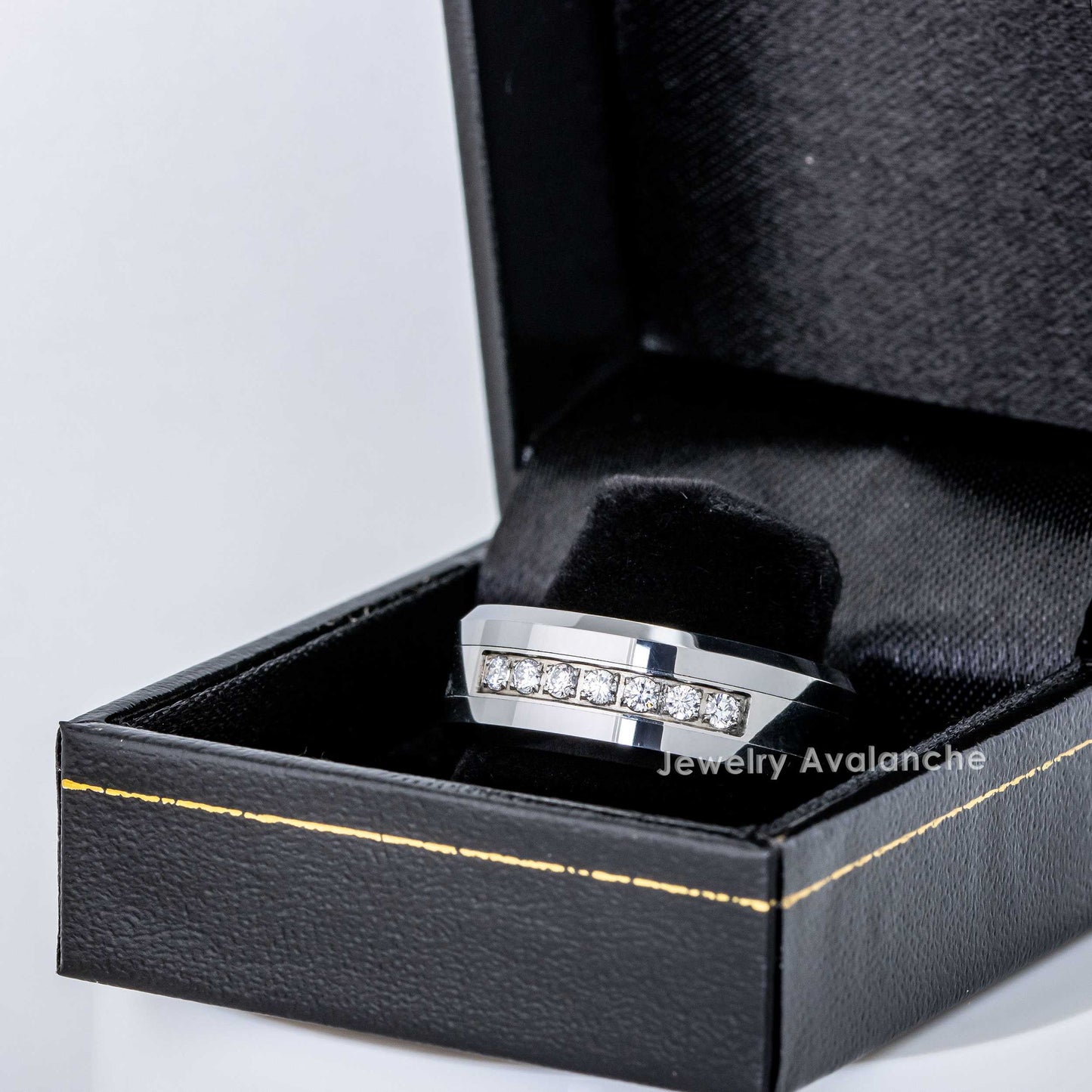Jewelry Avalanche Mens Tungsten Carbide Wedding Band, 7-stone CZ, Comfort-fit, Beveled Edge