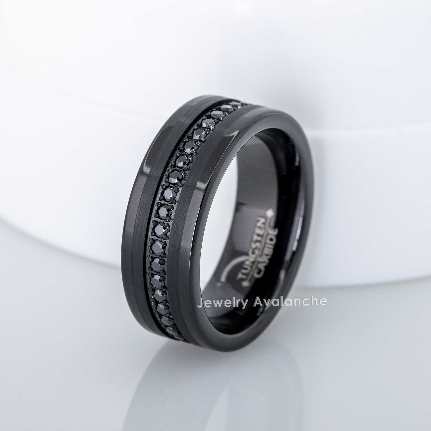 Jewelry Avalanche Mens Tungsten Carbide Eternity Wedding Band, Black CZ, Comfort-fit, Pipe Cut