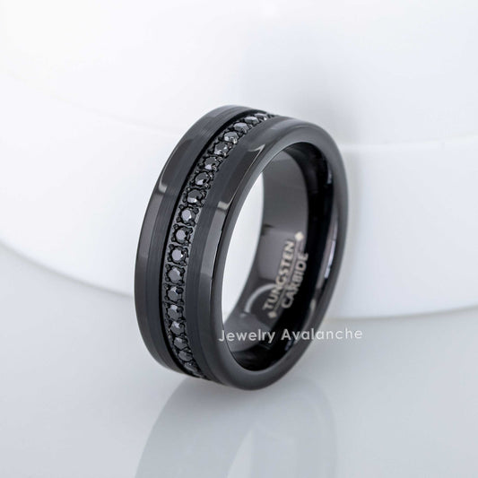 Jewelry Avalanche Mens Tungsten Carbide Eternity Wedding Band, Black CZ, Comfort-fit, Pipe Cut