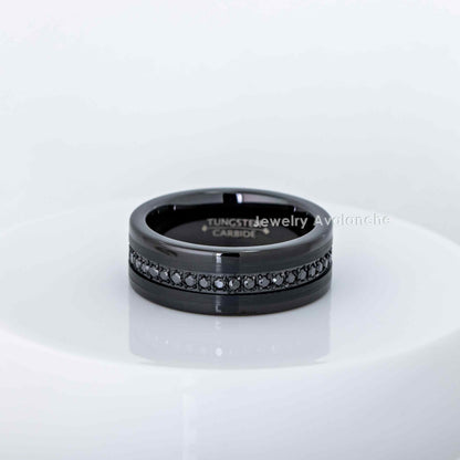 Jewelry Avalanche Mens Tungsten Carbide Eternity Wedding Band, Black CZ, Comfort-fit, Pipe Cut