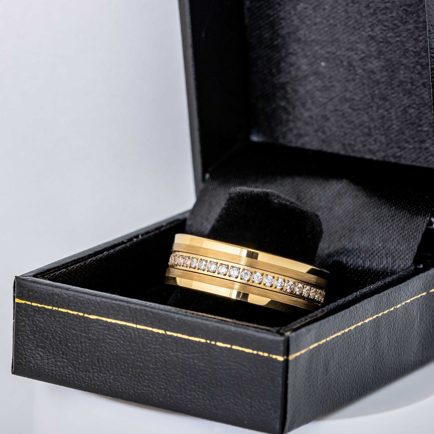 Jewelry Avalanche Mens Gold Tungsten Carbide CZ Eternity Wedding Band, Comfort-fit, Pipe Cut