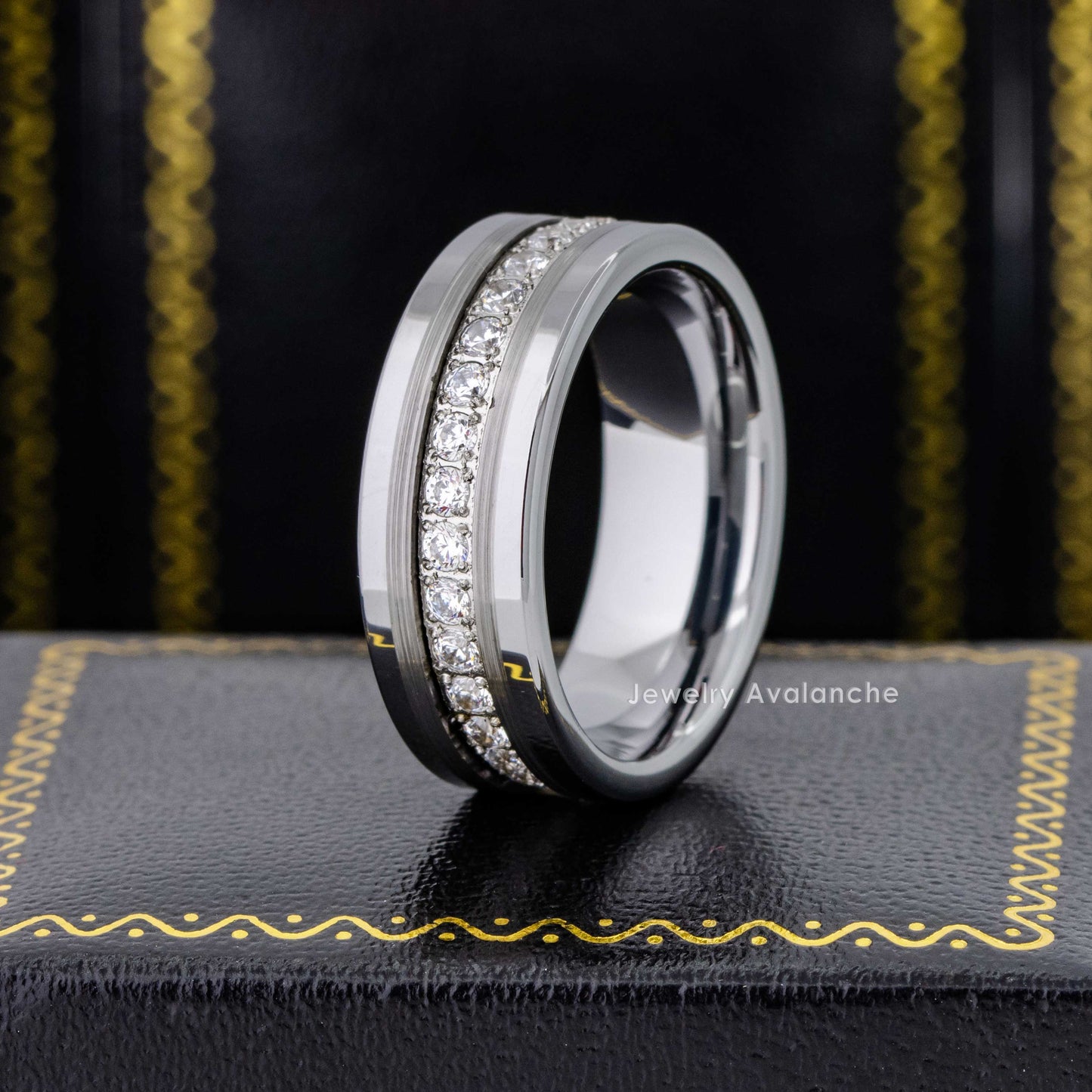 Jewelry Avalanche Mens Tungsten Carbide CZ Eternity Wedding Band, Comfort-fit, Pipe Cut