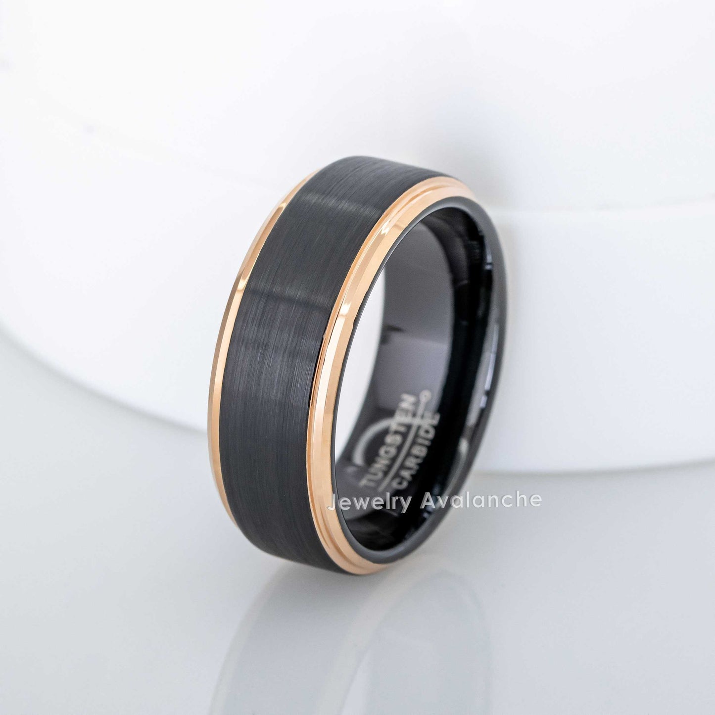 Jewelry Avalanche Mens Black & Rose Gold Tungsten Carbide Wedding Band, Comfort-fit, Stepped Edge, 8mm