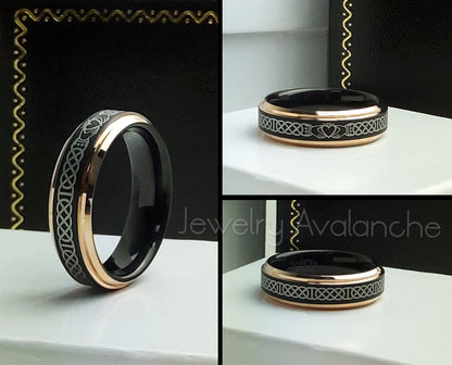 Jewelry Avalanche Celtic Claddagh Ring Black & Rose Gold Tungsten Carbide Wedding Band, Comfort-fit, 6mm