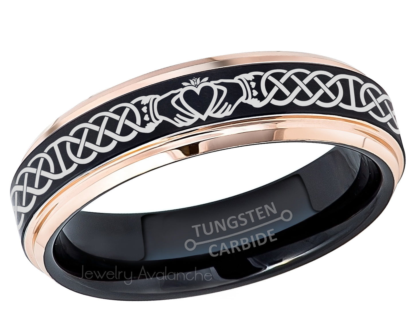 Jewelry Avalanche Celtic Claddagh Ring Black & Rose Gold Tungsten Carbide Wedding Band, Comfort-fit, 6mm