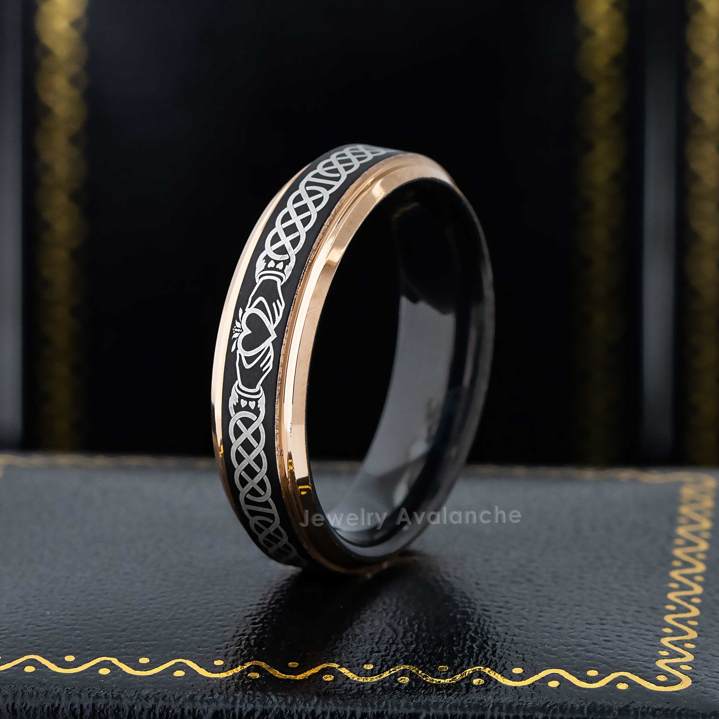 Jewelry Avalanche Celtic Claddagh Ring Black & Rose Gold Tungsten Carbide Wedding Band, Comfort-fit, 6mm