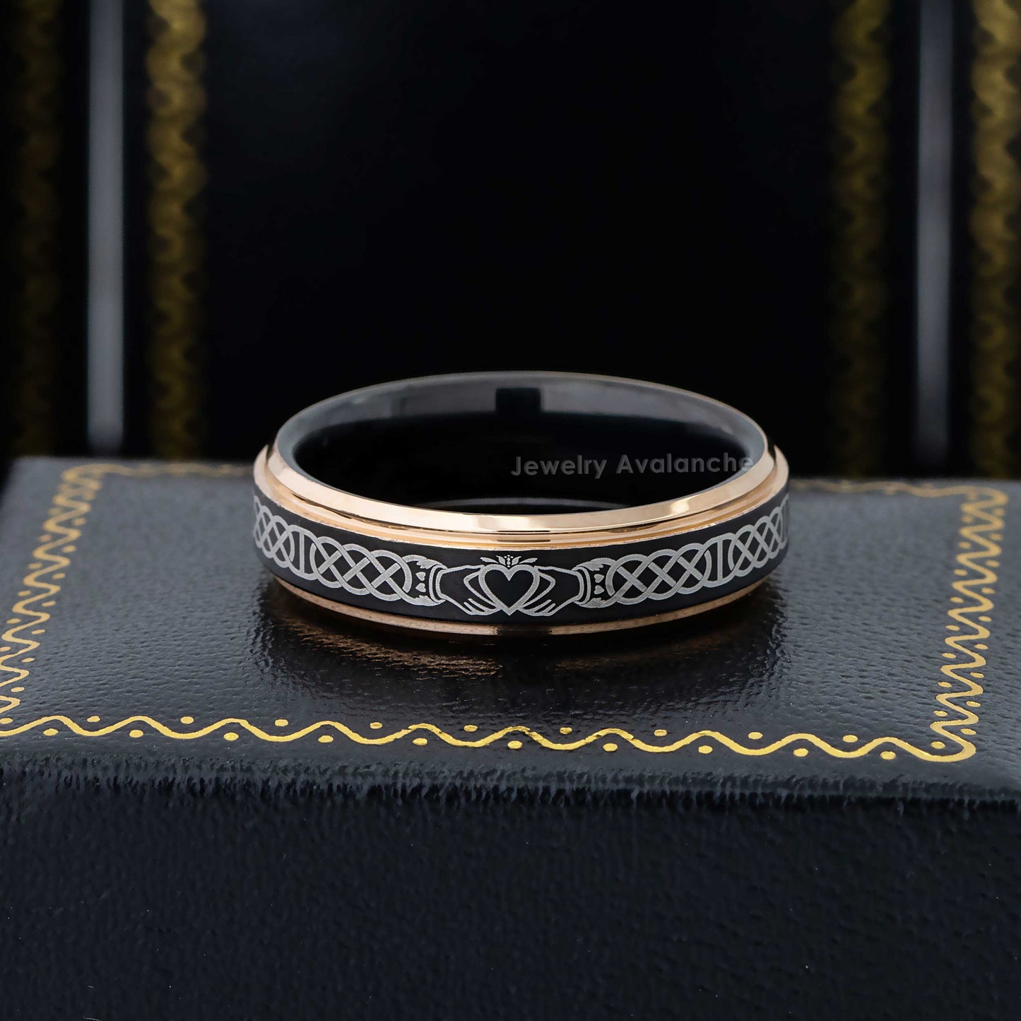 Jewelry Avalanche Celtic Claddagh Ring Black & Rose Gold Tungsten Carbide Wedding Band, Comfort-fit, 6mm