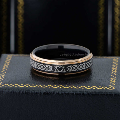 Jewelry Avalanche Celtic Claddagh Ring Black & Rose Gold Tungsten Carbide Wedding Band, Comfort-fit, 6mm