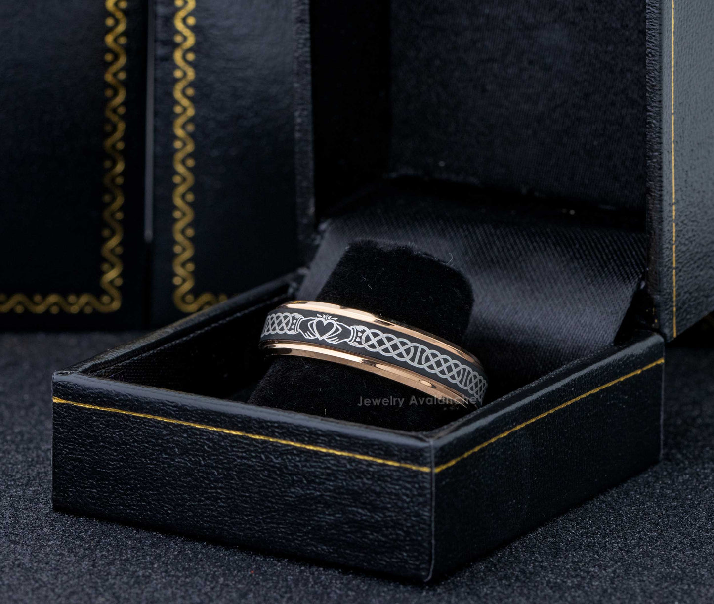 Jewelry Avalanche Celtic Claddagh Ring Black & Rose Gold Tungsten Carbide Wedding Band, Comfort-fit, 6mm