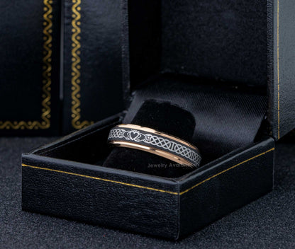 Jewelry Avalanche Celtic Claddagh Ring Black & Rose Gold Tungsten Carbide Wedding Band, Comfort-fit, 6mm