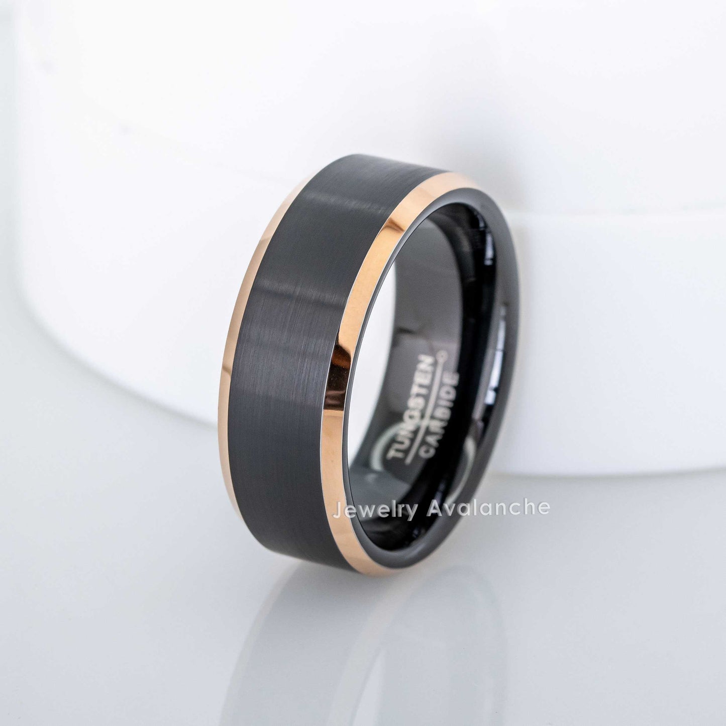 Jewelry Avalanche Mens Black & Rose Gold Tungsten Carbide Wedding Band, Comfort-fit, Beveled Edge, 8mm