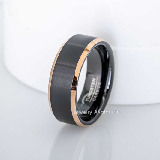 Jewelry Avalanche Mens Black & Rose Gold Tungsten Carbide Wedding Band, Comfort-fit, Beveled Edge, 8mm