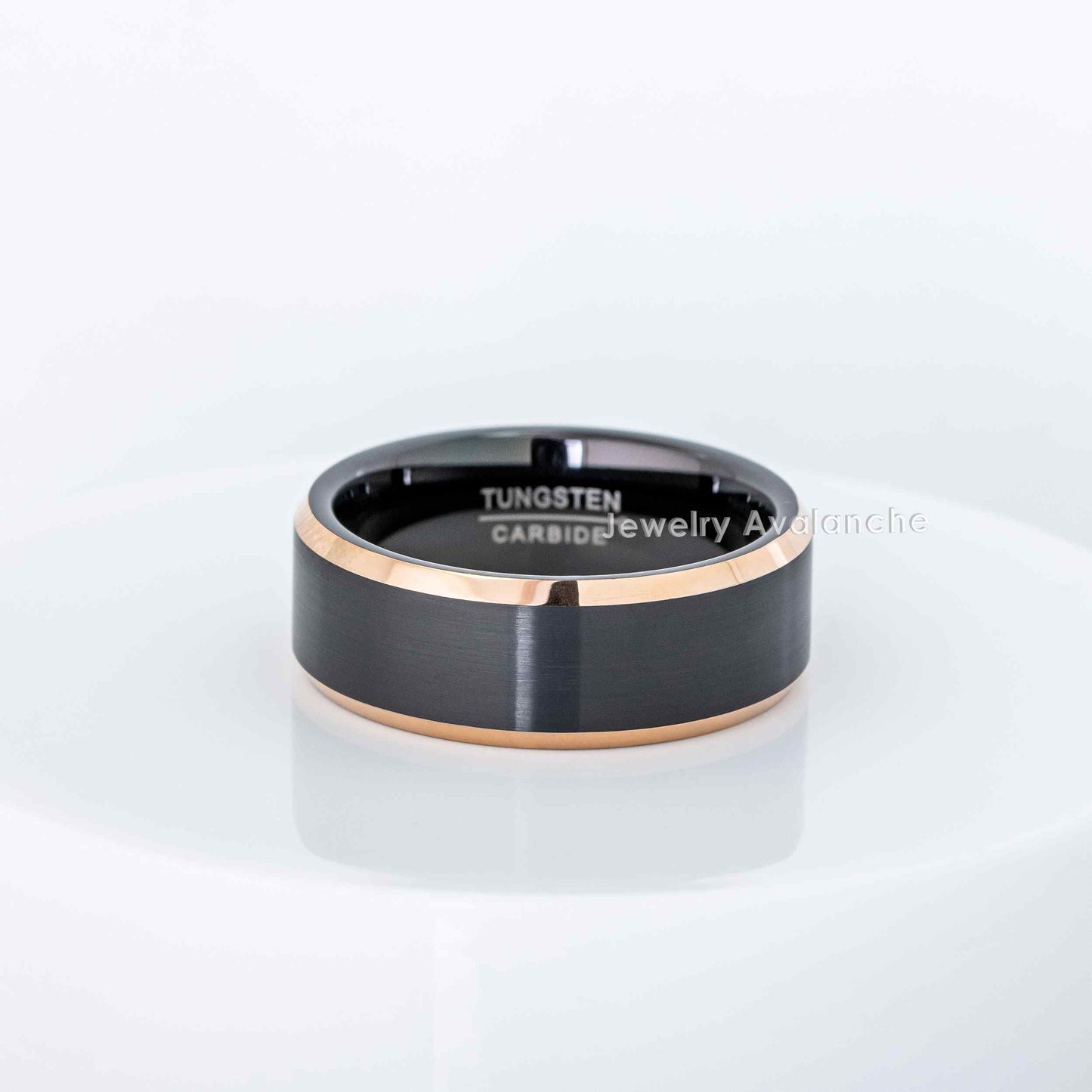 Jewelry Avalanche Mens Black & Rose Gold Tungsten Carbide Wedding Band, Comfort-fit, Beveled Edge, 8mm