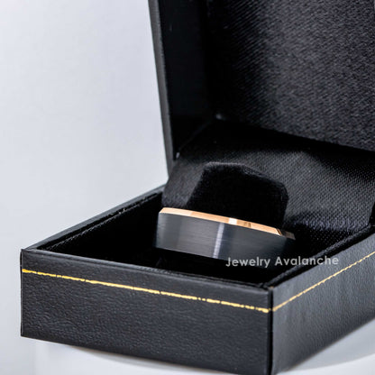 Jewelry Avalanche Mens Black & Rose Gold Tungsten Carbide Wedding Band, Comfort-fit, Beveled Edge, 8mm