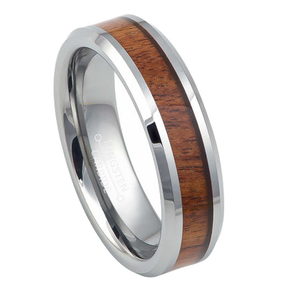 Jewelry Avalanche 6mm Beveled Mahogany Wood Inlay Tungsten Carbide Men Women Wedding Band
