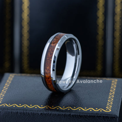 Jewelry Avalanche 6mm Beveled Mahogany Wood Inlay Tungsten Carbide Men Women Wedding Band