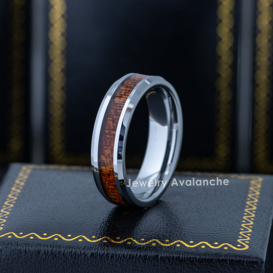 Jewelry Avalanche 6mm Beveled Mahogany Wood Inlay Tungsten Carbide Men Women Wedding Band