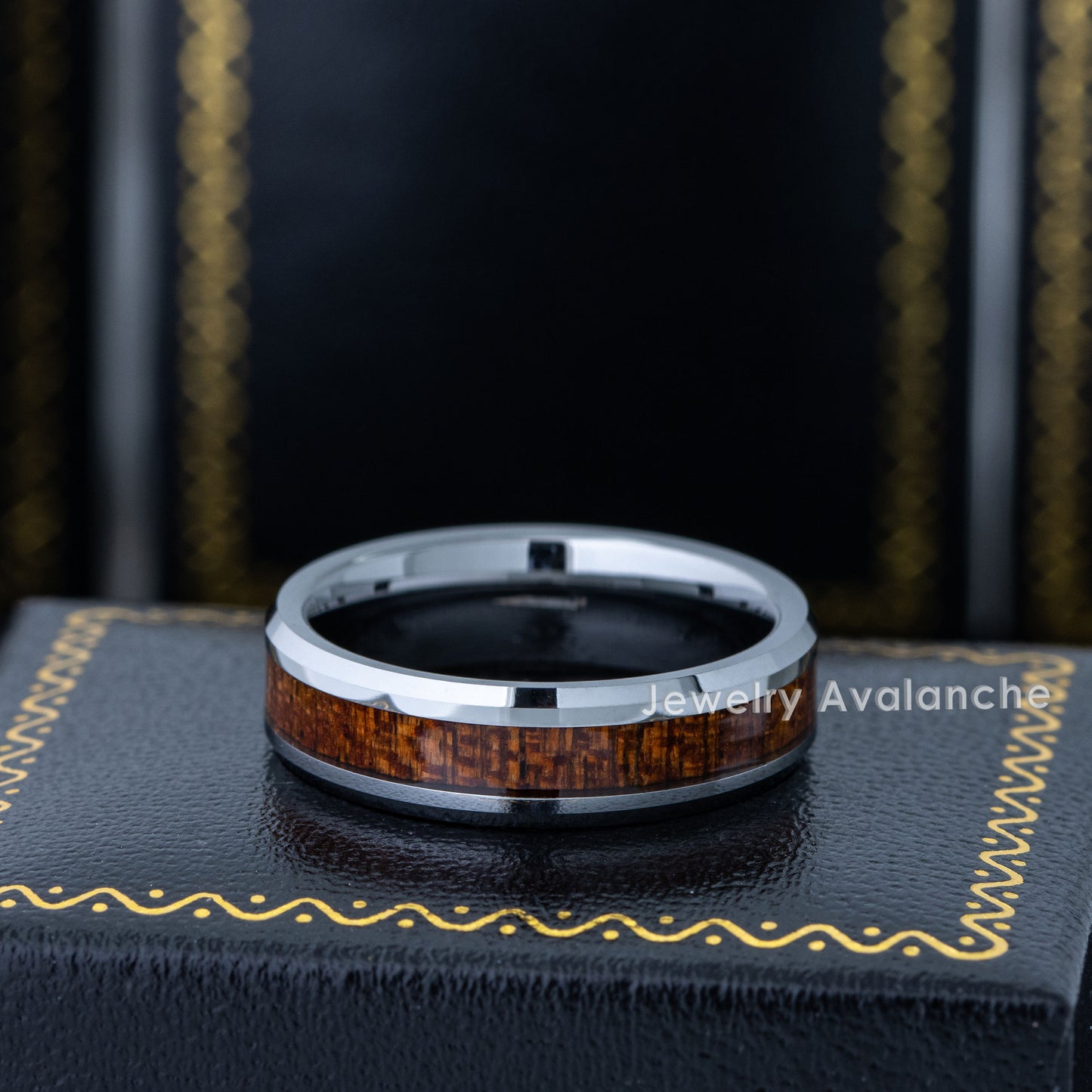 Jewelry Avalanche 6mm Beveled Mahogany Wood Inlay Tungsten Carbide Men Women Wedding Band