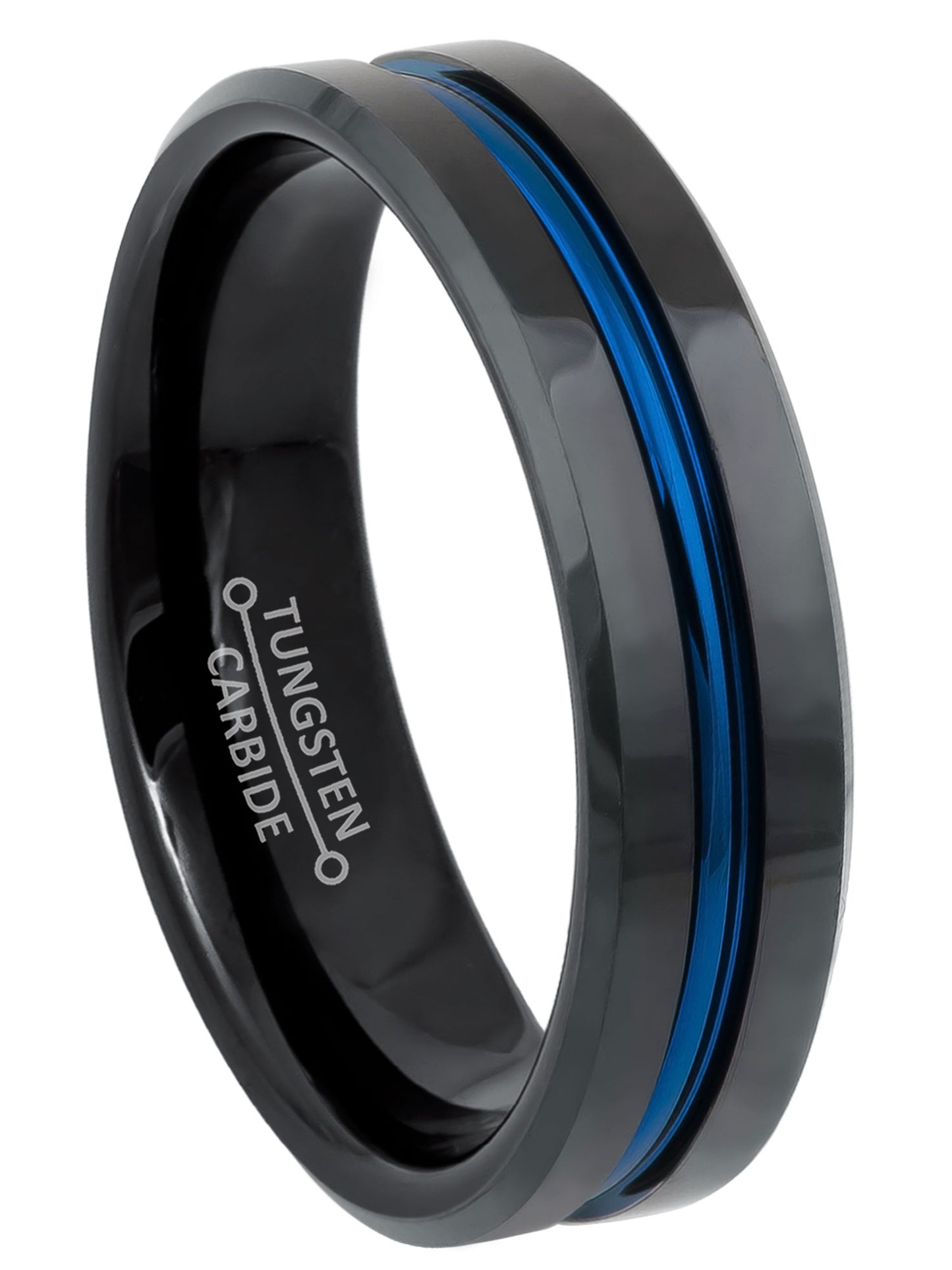 Jewelry Avalanche 6mm Beveled Black & Blue IP Grooved Tungsten Carbide Men Women Wedding Band