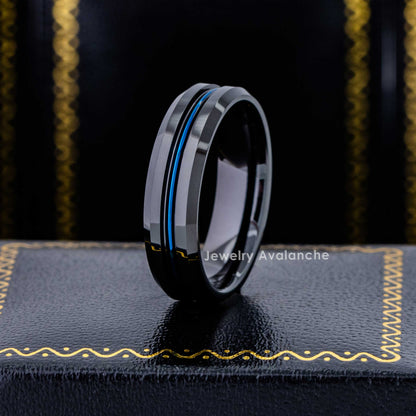 Jewelry Avalanche 6mm Beveled Black & Blue IP Grooved Tungsten Carbide Men Women Wedding Band