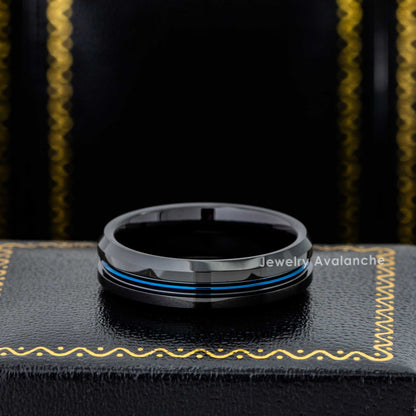 Jewelry Avalanche 6mm Beveled Black & Blue IP Grooved Tungsten Carbide Men Women Wedding Band