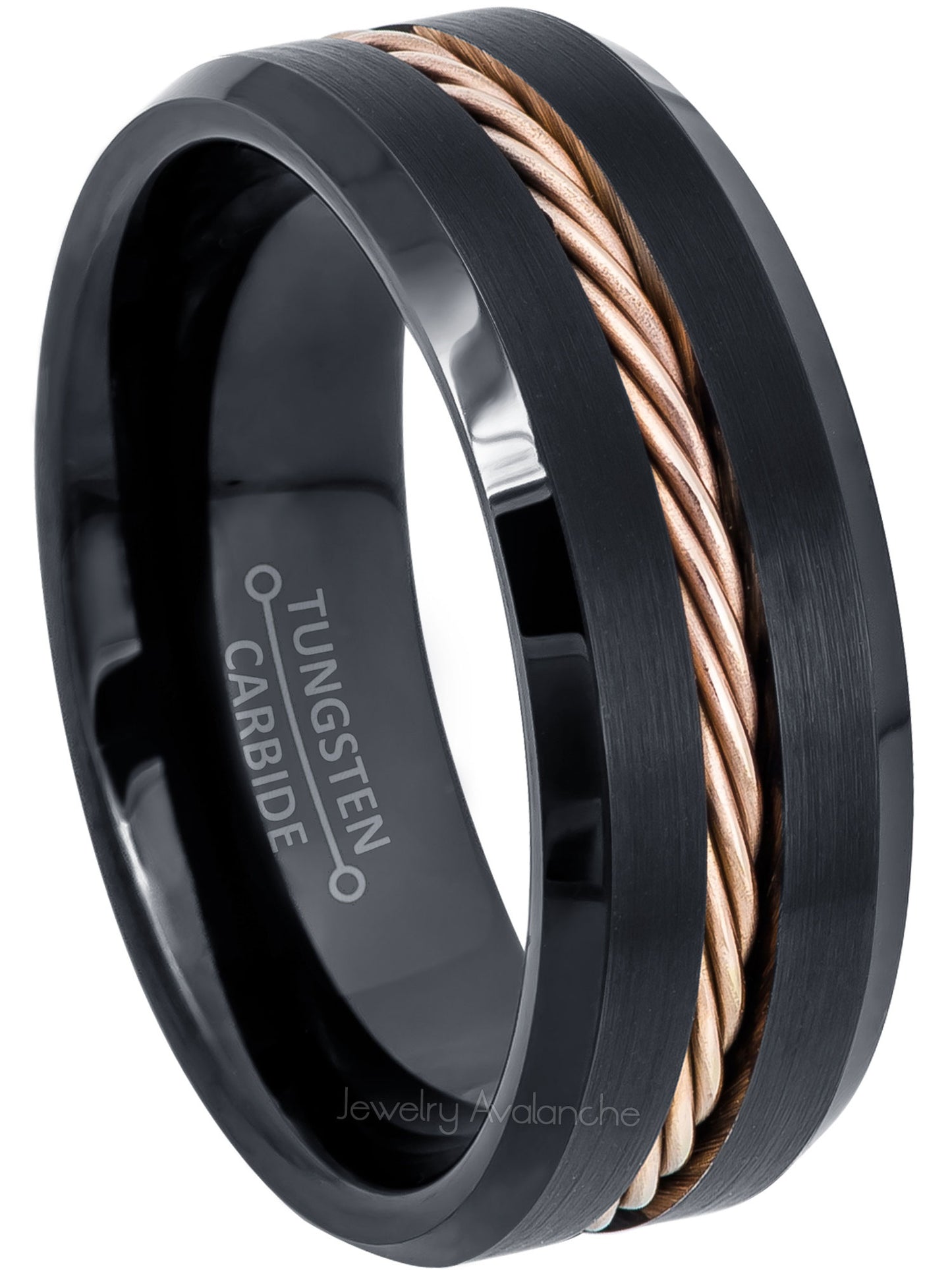 Jewelry Avalanche 8mm Beveled Black IP Rope Inlay Tungsten Carbide Mens Wedding Band