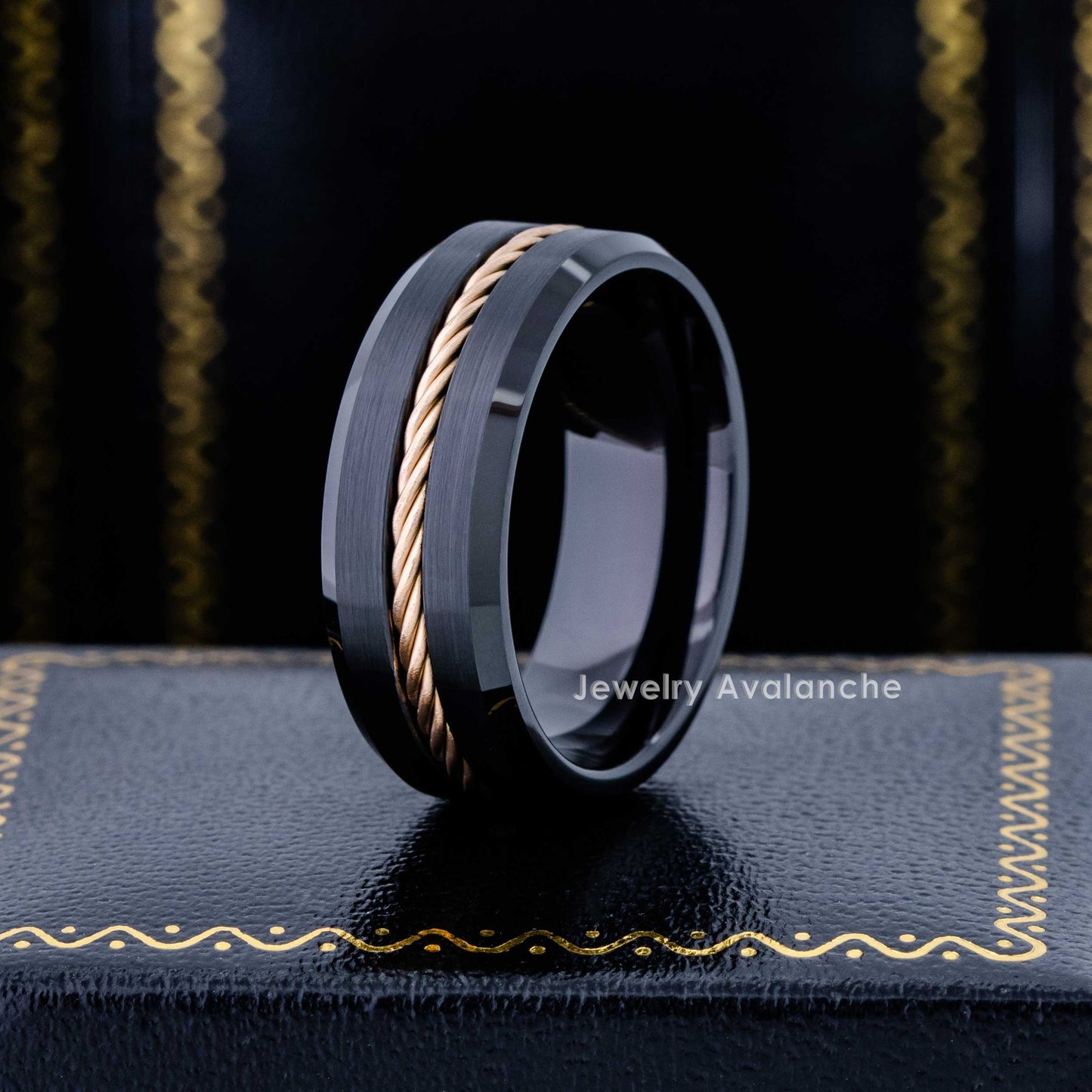 Jewelry Avalanche 8mm Beveled Black IP Rope Inlay Tungsten Carbide Mens Wedding Band