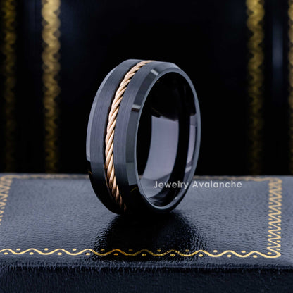 Jewelry Avalanche 8mm Beveled Black IP Rope Inlay Tungsten Carbide Mens Wedding Band