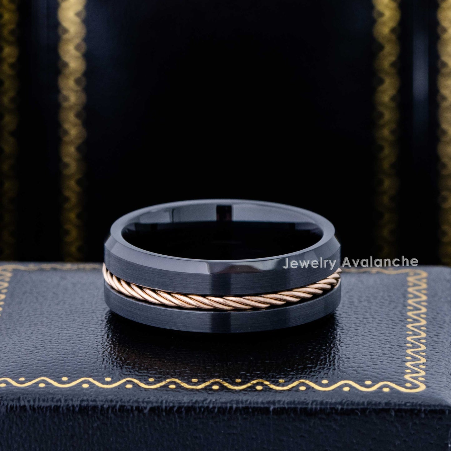 Jewelry Avalanche 8mm Beveled Black IP Rope Inlay Tungsten Carbide Mens Wedding Band