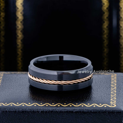 Jewelry Avalanche 8mm Beveled Black IP Rope Inlay Tungsten Carbide Mens Wedding Band