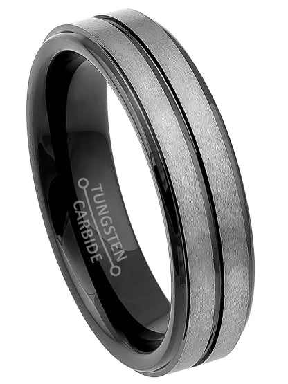 Jewelry Avalanche 6mm Stepped Black & Gunmetal IP Grooved Tungsten Carbide Men Women Wedding Band