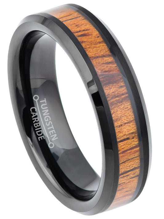 Jewelry Avalanche 6mm Beveled Black IP Hawaiian Koa Wood Tungsten Carbide Men Women Wedding Band