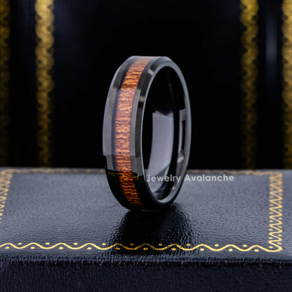 Jewelry Avalanche 6mm Beveled Black IP Hawaiian Koa Wood Tungsten Carbide Men Women Wedding Band
