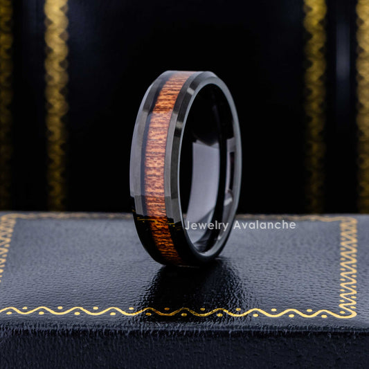 Jewelry Avalanche 6mm Beveled Black IP Hawaiian Koa Wood Tungsten Carbide Men Women Wedding Band